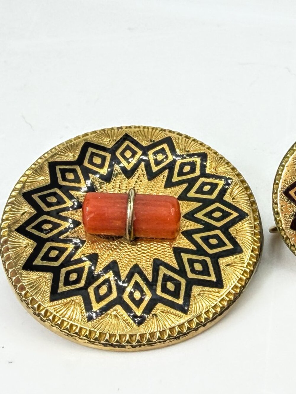 Victorian Mourning Black Enamel Coral Gold Filled Brooch Earrings Set JR2050